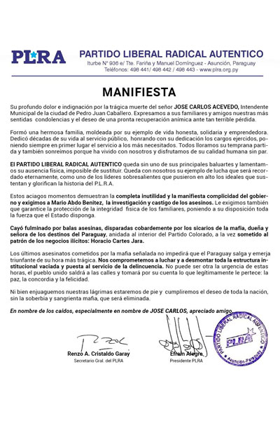 Despiden los restos del intendente de PJ Caballero 2
